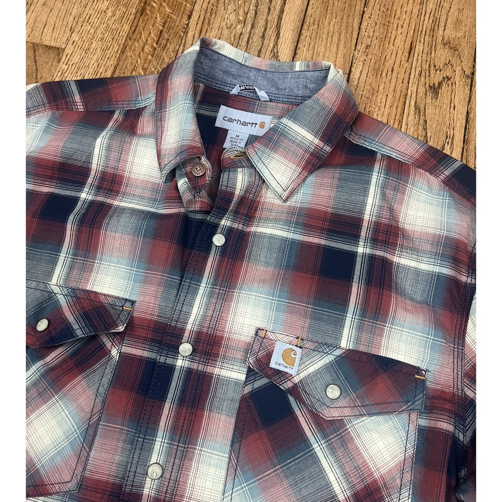 Carhartt Rugged Flex Relaxed Fit Pearl Snap Plaid‎ Western Shirt Red Sz Medium